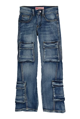 Girls Whiskered Cargo Wide Leg Jeans, Blue, Size 8