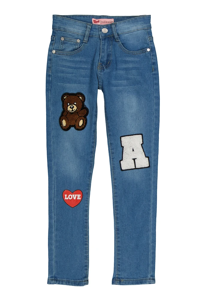 Girls Bear Graphic Chenille Patch Skinny Jeans, Blue, Size 8