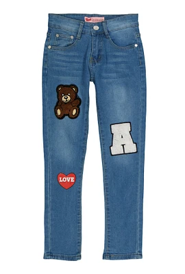 Girls Bear Graphic Chenille Patch Skinny Jeans, Blue, Size 12