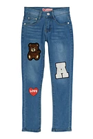 Girls Bear Graphic Chenille Patch Skinny Jeans, Blue, Size 8