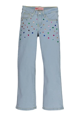 Girls Gem Studded Bootcut Jeans, Blue,