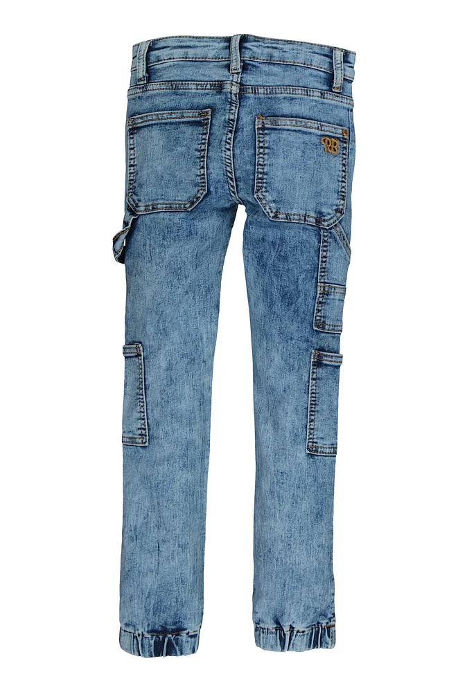 Girls Side Pocket Acid Wash Denim Joggers, Blue, Size 8