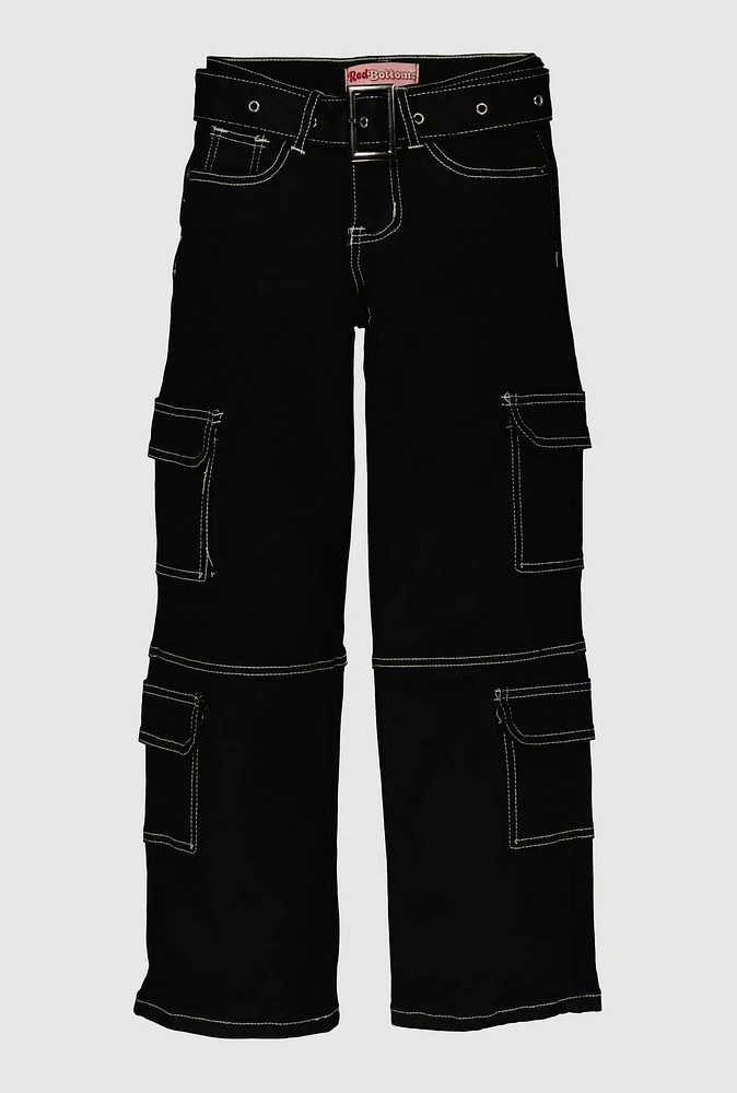 Girls Belted Decorative Stitch Cargo Pants, Black, Size 16