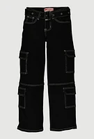 Girls Belted Decorative Stitch Cargo Pants, Black, Size 16