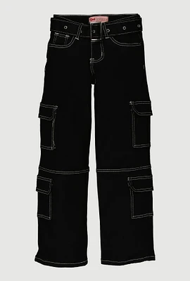 Girls Belted Decorative Stitch Cargo Pants, Black, Size 7