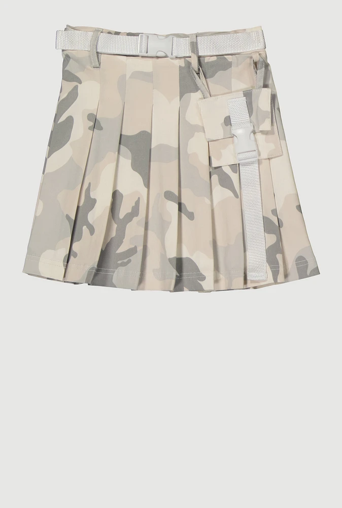 Girls Hyperstretch Belted Camo Pleated Skirt, Multi, Size 10-12