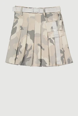 Girls Hyperstretch Belted Camo Pleated Skirt, Multi, Size 10-12