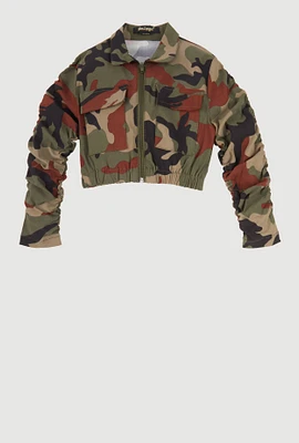 Girls Camouflage Ruched Sleeve Jacket, Multi, Size 7-8