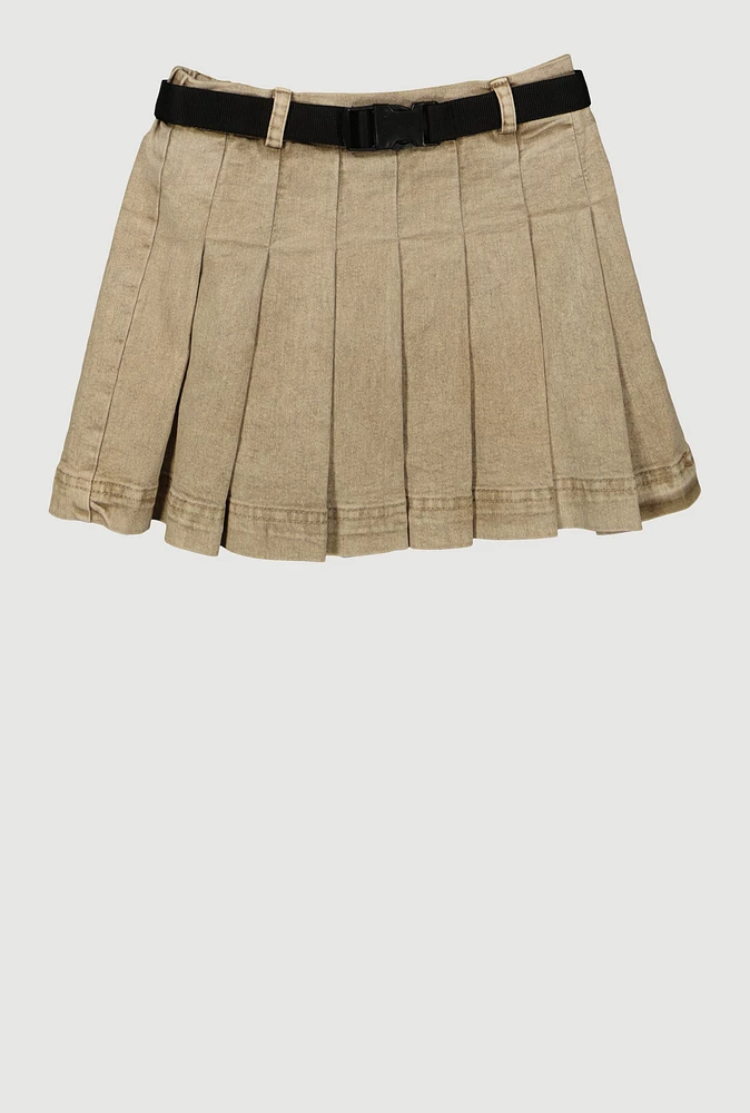 Girls Spoon Jeans Mineral Wash Belted Pleated Skirt, Khaki, Size 14