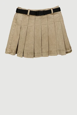 Girls Spoon Jeans Mineral Wash Belted Pleated Skirt, Khaki, Size 14