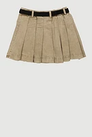 Girls Spoon Jeans Mineral Wash Belted Pleated Skirt, Khaki, Size 14