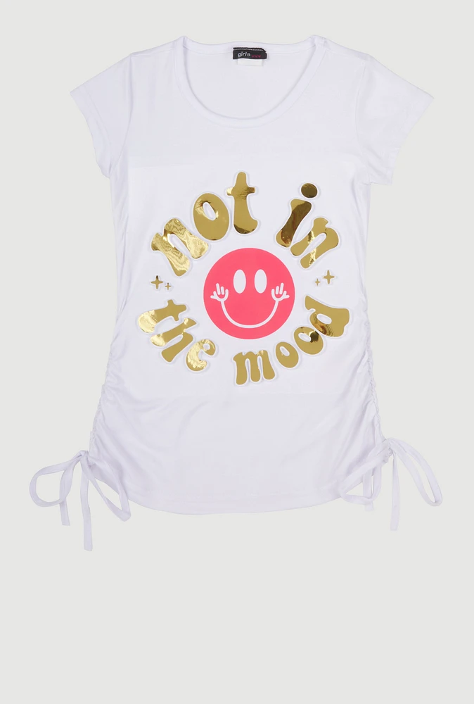 Little Girls 3D Foil Not The Mood Ruched Top, White,