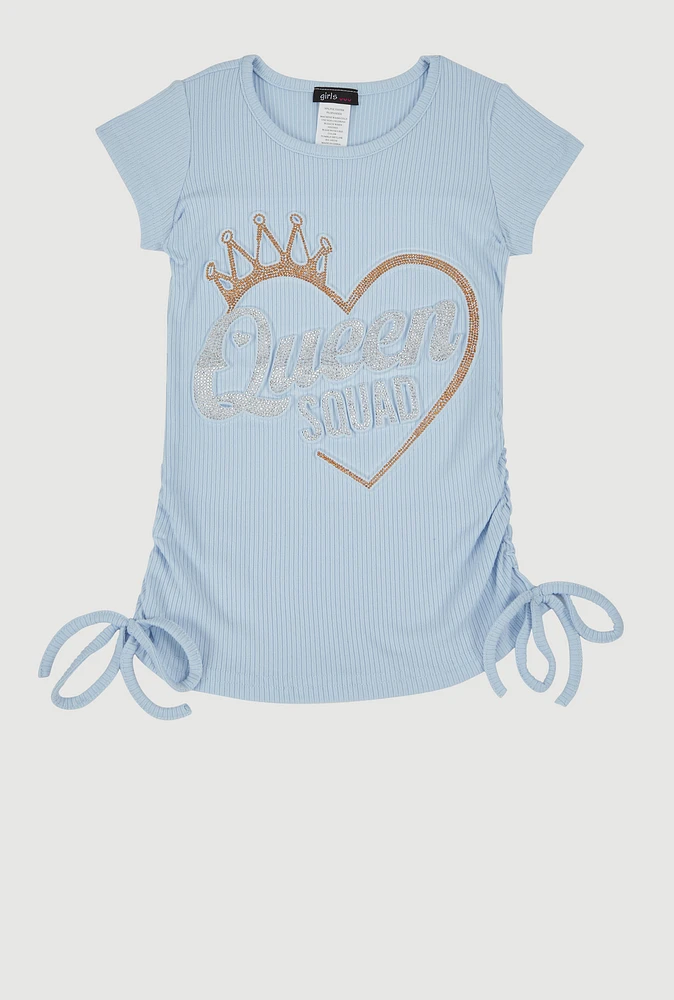 Little Girls 3D Rhinestone Queen Squad Graphic Top, Blue,