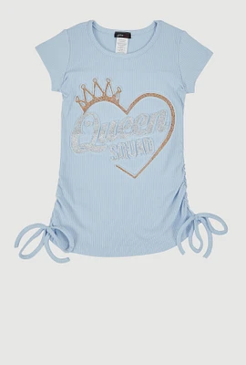 Little Girls 3D Rhinestone Queen Squad Graphic Top, Blue,