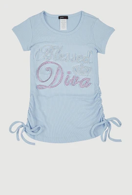 Little Girls 3D Rhinestone Blessed Diva Graphic Tee, Blue,