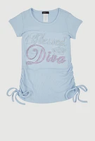 Little Girls 3D Rhinestone Blessed Diva Graphic Tee, Blue, Size 6X