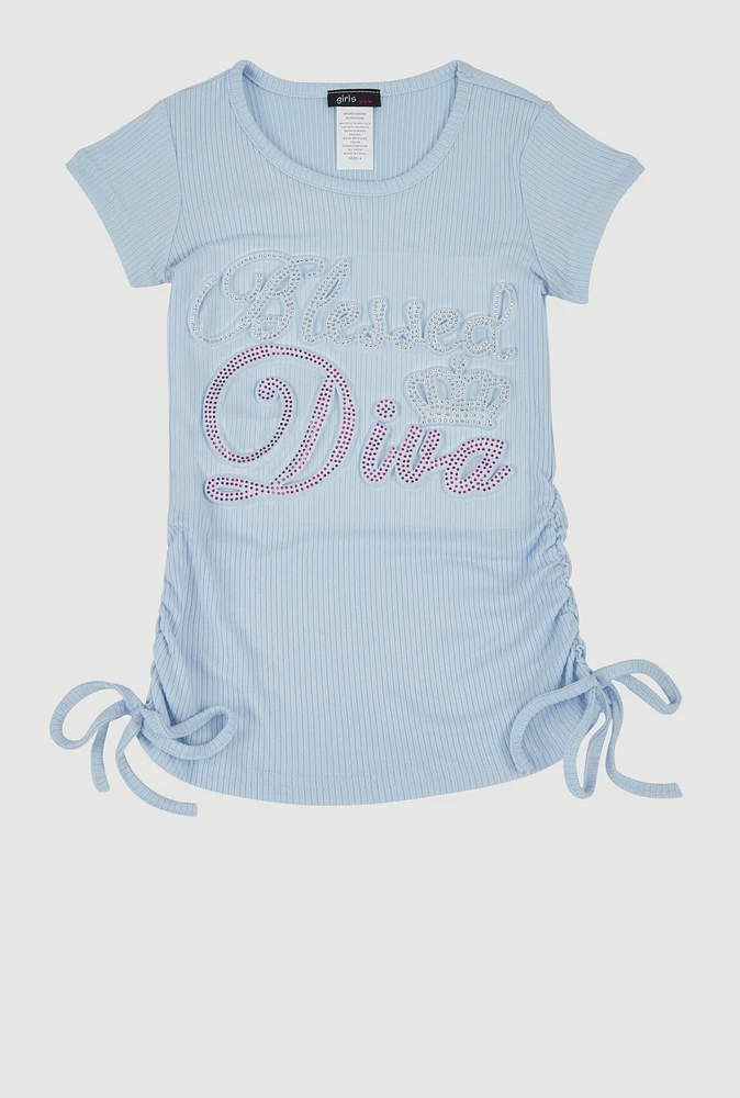 Little Girls 3D Rhinestone Blessed Diva Graphic Tee, Blue, Size 4