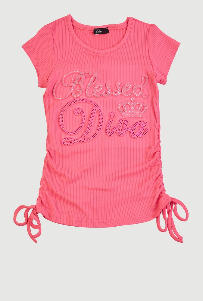 Little Girls 3D Rhinestone Blessed Diva Graphic Tee, Pink, Size 5-6