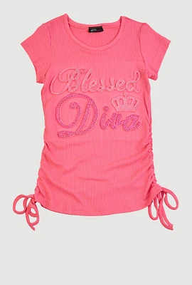 Little Girls 3D Rhinestone Blessed Diva Graphic Tee, Pink, Size 5-6