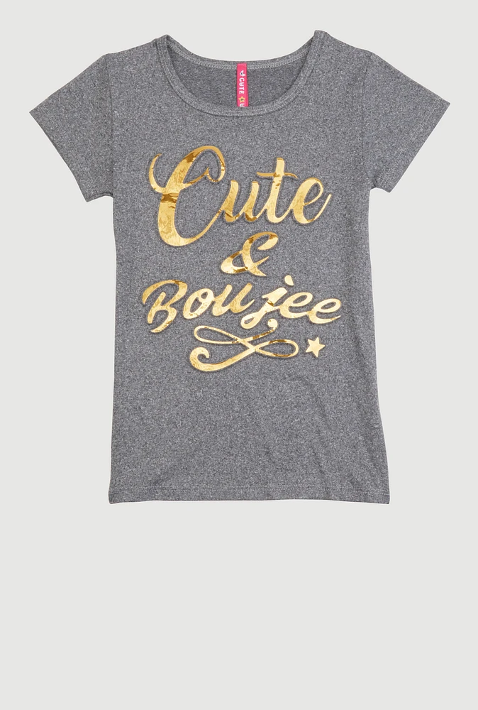 Little Girls Cute and Boujee Tee, Grey, Size 5-6