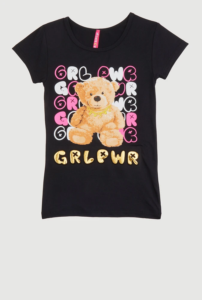 Little Girls Grl Pwr Bear 3D Foil Graphic Tee, Black, Size 5-6