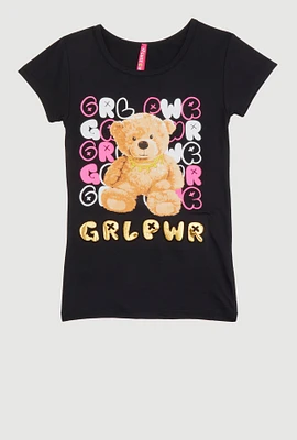 Little Girls Grl Pwr Bear 3D Foil Graphic Tee, Black, Size 5-6