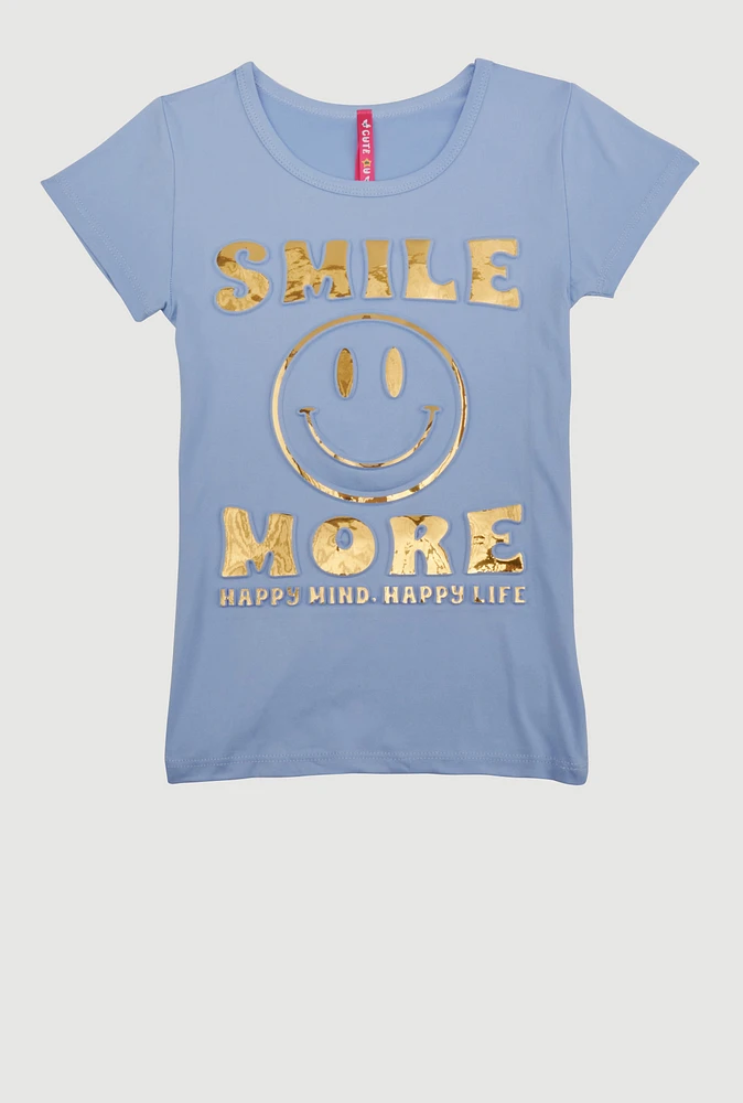 Little Girls 3D Embossed Smile More Tee, Blue, Size 4
