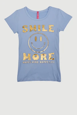 Little Girls 3D Embossed Smile More Tee, Blue, Size 4