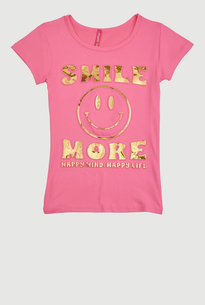 Little Girls 3D Embossed Smile More Tee, Pink, Size 4