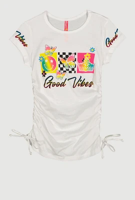 Little Girls Good Vibes Ruched Graphic Tee, White, Size 4