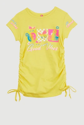 Little Girls Good Vibes Ruched Graphic Tee, Yellow,