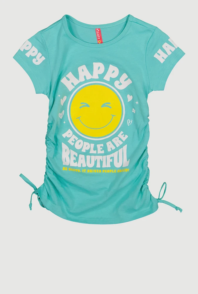 Little Girls Happy Ruched Graphic Tee,