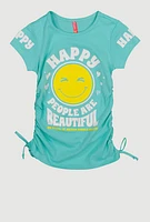 Little Girls Happy Ruched Graphic Tee, Green,