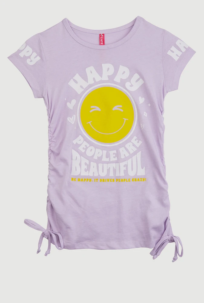 Little Girls Happy Ruched Graphic Tee, Purple, Size 6X