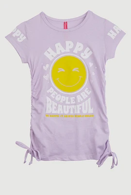 Little Girls Happy Ruched Graphic Tee, Purple, Size 6X