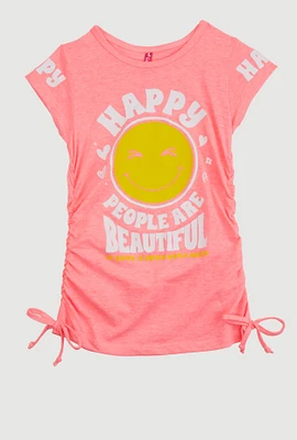 Little Girls Happy Ruched Graphic Tee, Pink, Size 6X