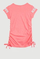 Little Girls Happy Ruched Graphic Tee, Pink, Size 6X