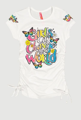Little Girls Can Change The World Ruched Tee, White, Size 4