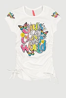 Little Girls Can Change The World Ruched Tee, White, Size 4