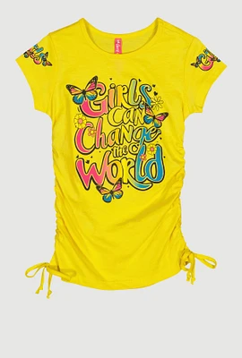 Little Girls Can Change The World Ruched Tee, Yellow, Size 5-6