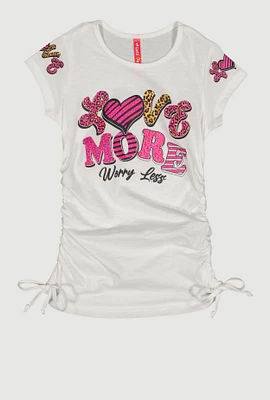 Little Girls Love More Ruched Side Graphic Tee, White, Size 5-6