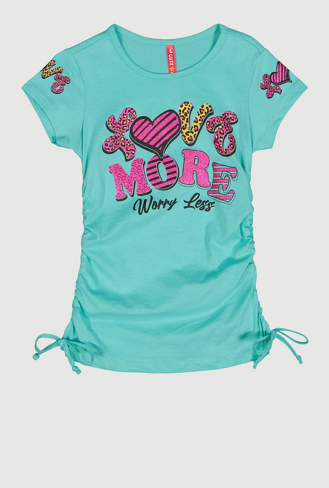 Little Girls Love More Ruched Side Graphic Tee, Green,