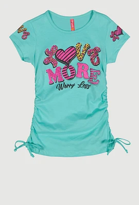 Little Girls Love More Ruched Side Graphic Tee, Green,