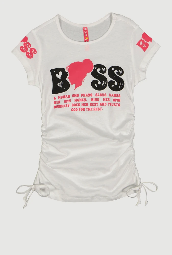 Little Girls Boss Ruched Side Graphic Tee, White, Size 5-6