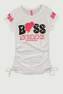 Little Girls Boss Ruched Side Graphic Tee, White, Size 5-6