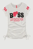 Little Girls Boss Ruched Side Graphic Tee, White, Size 5-6