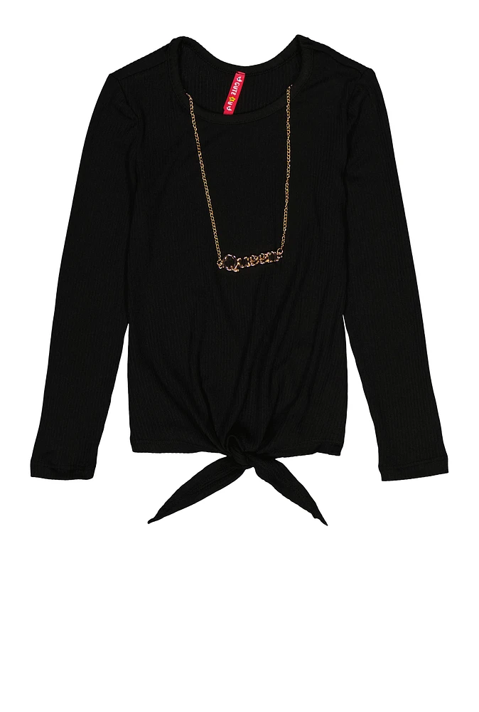 Little Girls Tie Front Top with Graphic Chain Necklace, Black, Size 6X