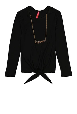 Little Girls Tie Front Top with Graphic Chain Necklace, Black, Size 6X