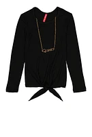 Little Girls Tie Front Top with Graphic Chain Necklace, Black, Size 6X