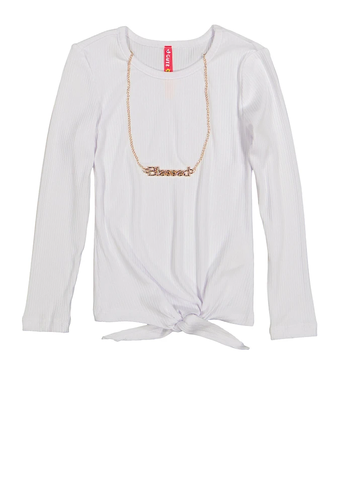 Little Girls Tie Front Top with Graphic Chain Necklace, White, Size 6X
